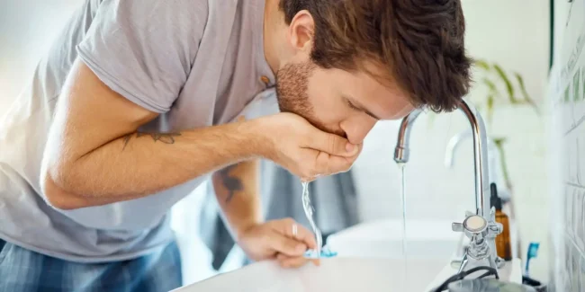 Man washing mouth after brushing teeth